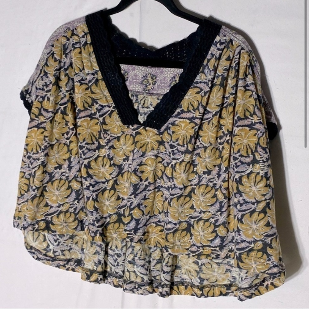 Free People Yellow Floral Leilani Crop With Crochet Lace Trim S - Picture 2 of 13